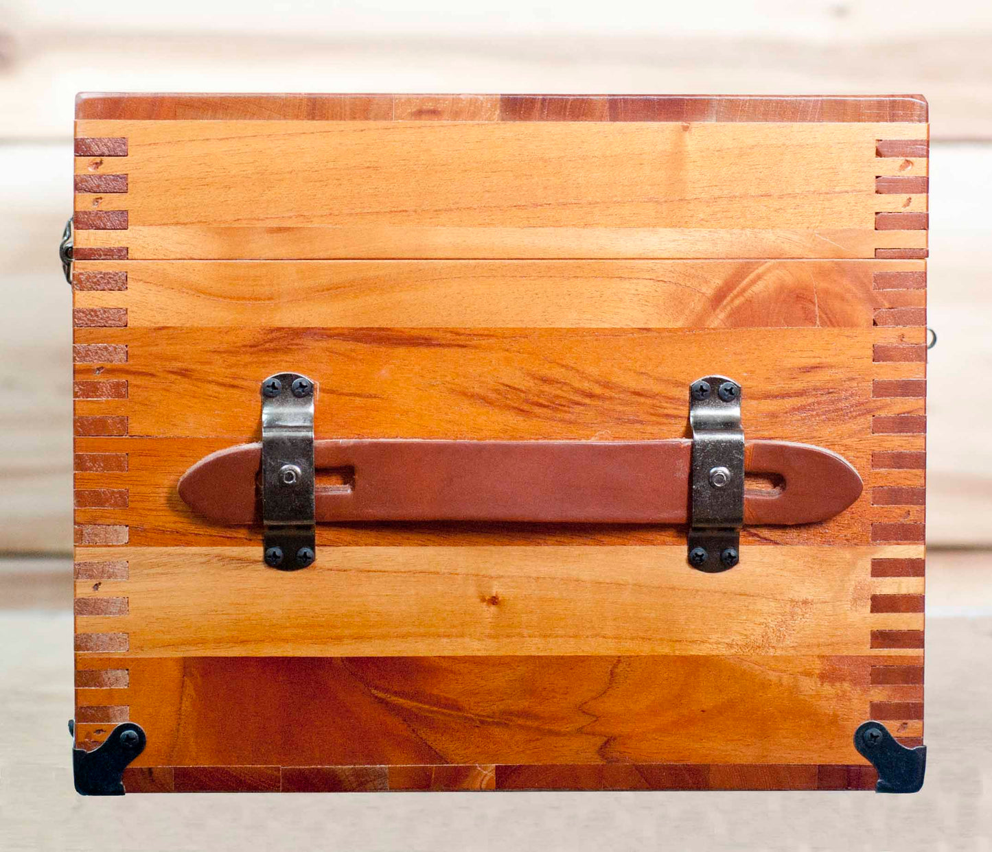 Cedar Chest | Wooden Box | Keepsake Box side view of leather handle