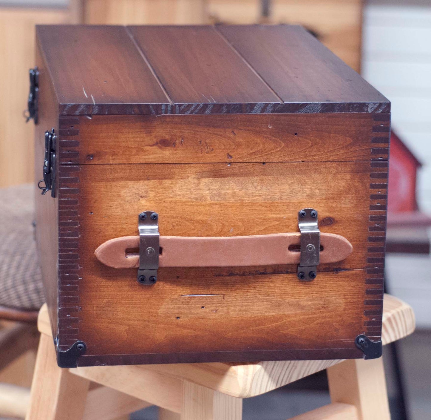 Wooden Memory Box / Keepsake Box with side view of leather handle