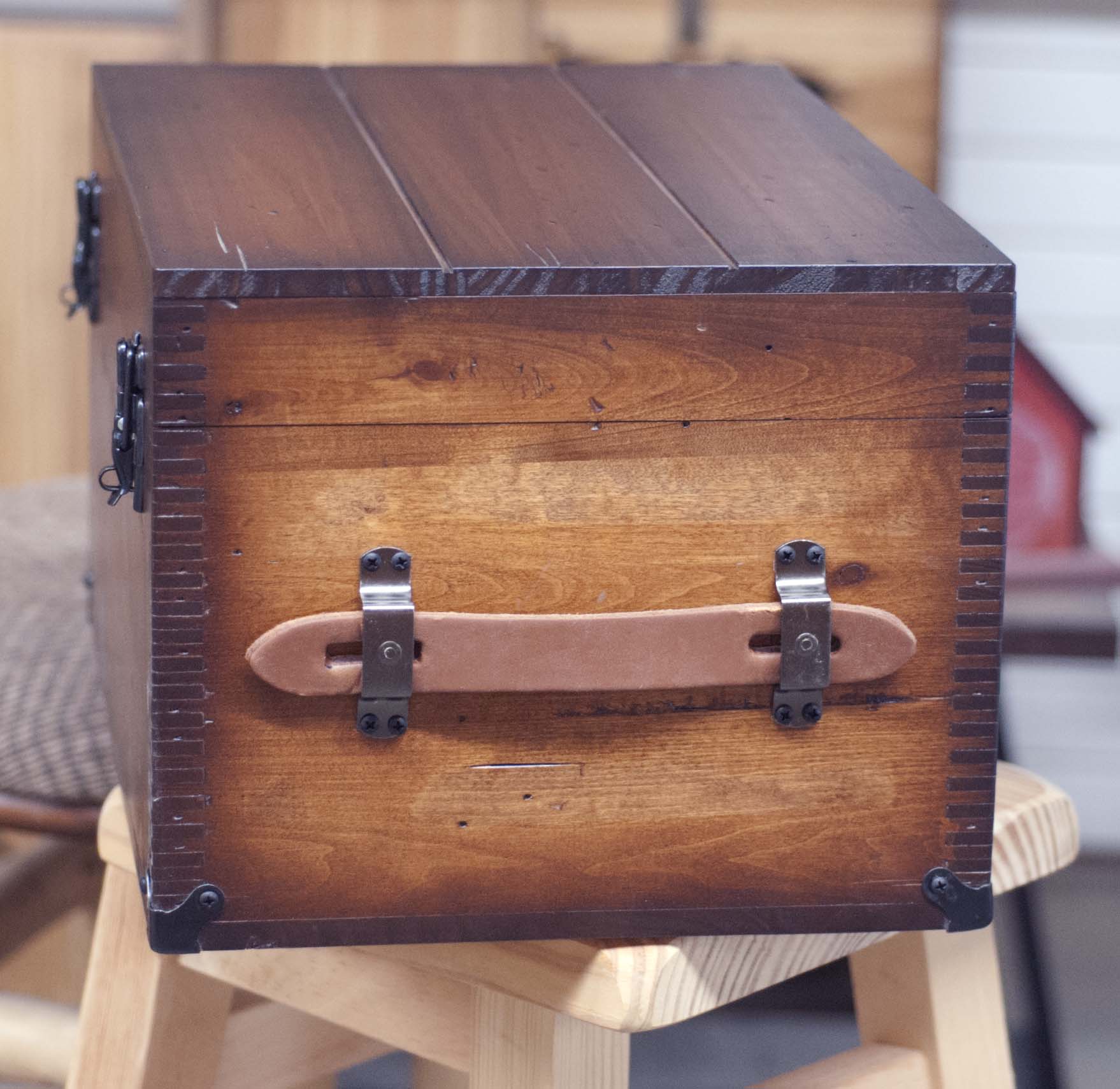 Wooden Memory Box / Keepsake Box with side view of leather handle 