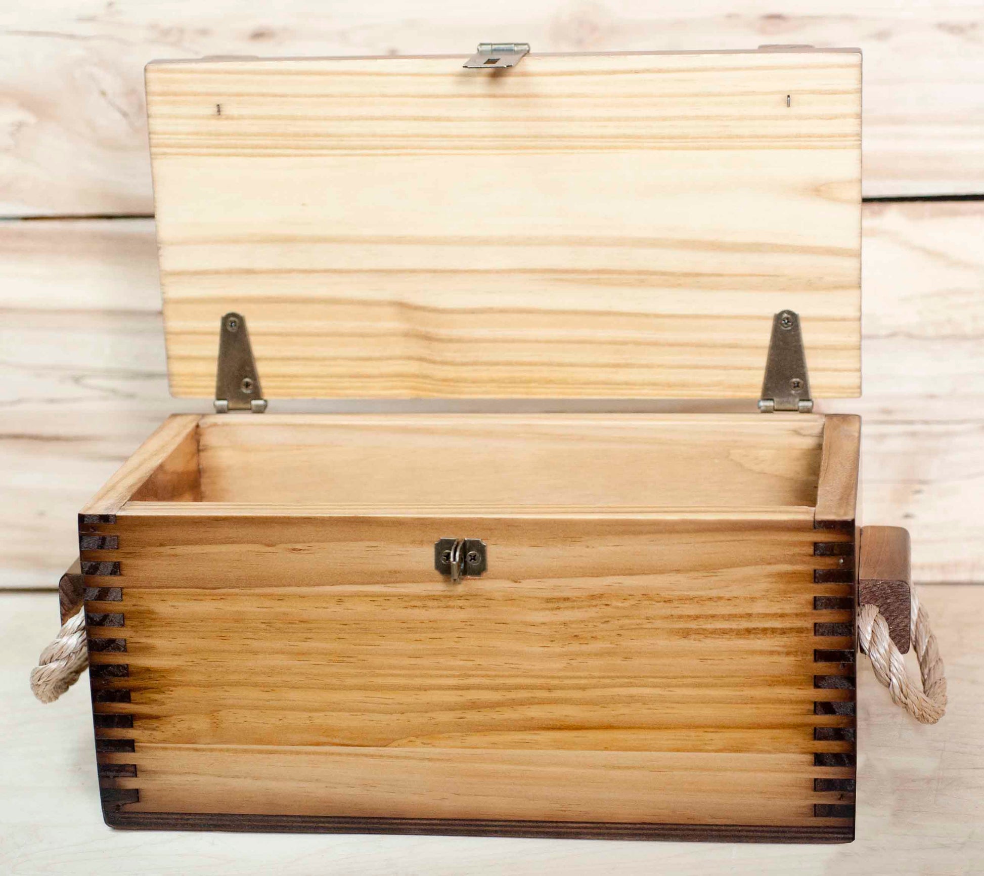 Wooden Box with Hinged Lid and Rope Handles